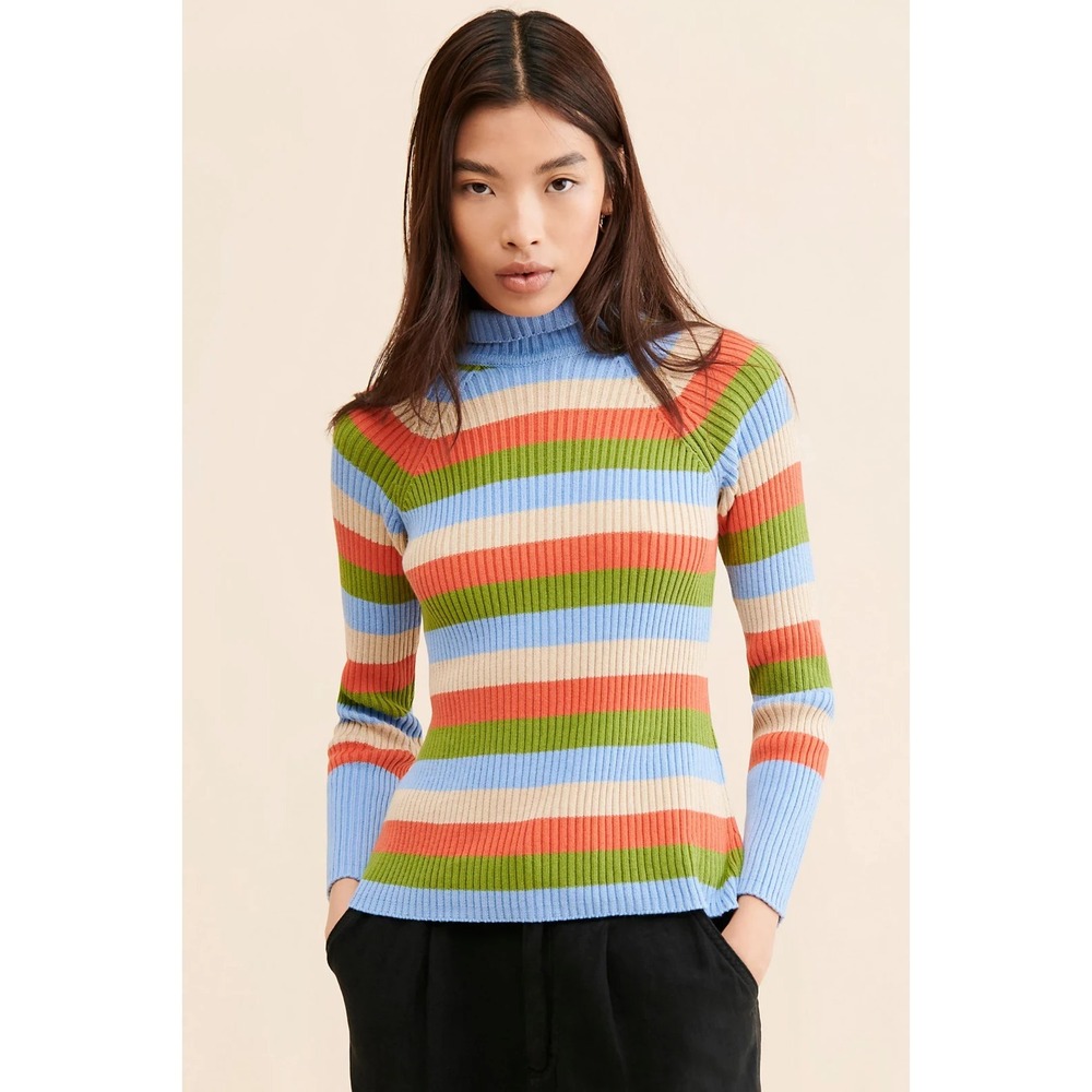 Arthur Apparel Racer Skivvy Ribbed Knit Striped Turtleneck Sweater In Multi Sz 4